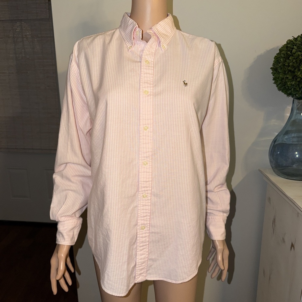 Ralph Lauren Oxford Button Down Shirt Pink White Striped Flesh Pony Preppy SZ 6